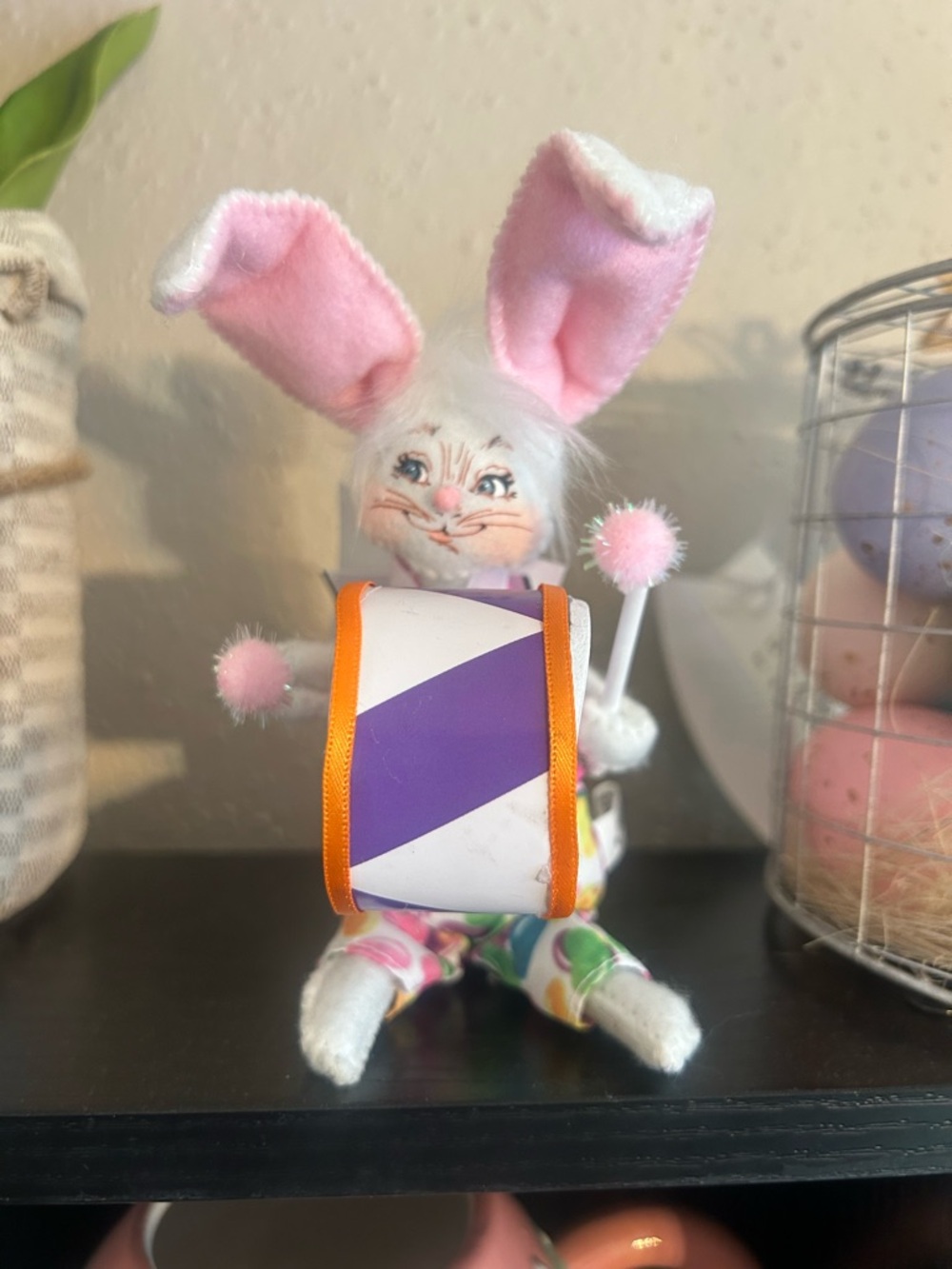Easter Bunny Drummer Figurine - Pink & Purple Accents
